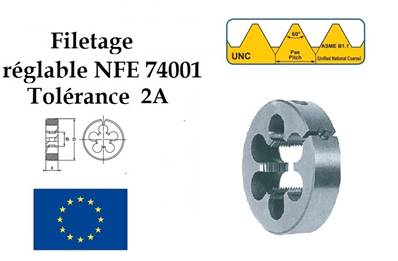 Filière ronde filetage réglable NFE74001 2A UNC 1 x 8 Ø 38,1 HSS-M2